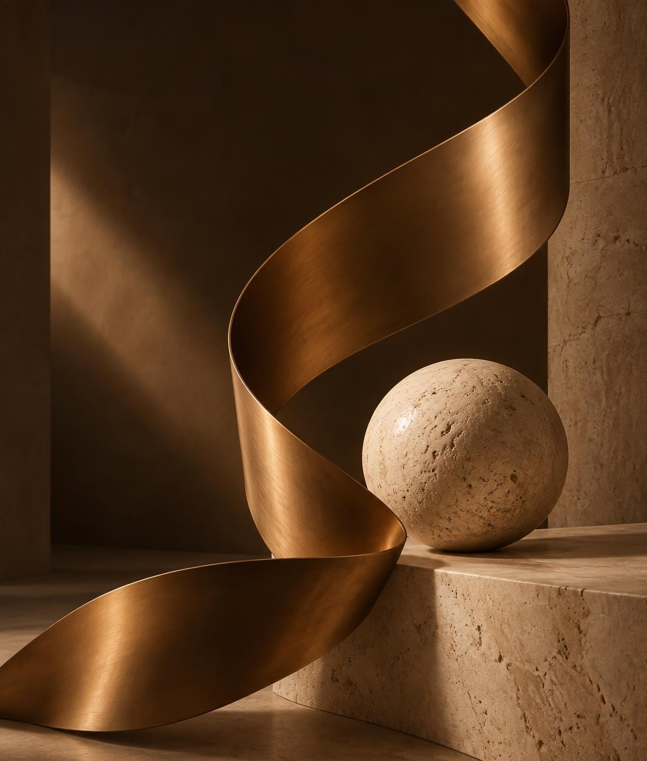 Composição escultórica abstrata de formas em movimento, em tons de caramelo e cacau